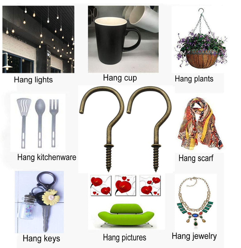 IDEALSV 2 Inch Big Cup Hooks Screw Hooks Rubbed Bronze Ceiling Hooks,Vintage Antique Brass Screw-in Hooks,Christmas Lights and Curtain Hooks,Kitchen Hooks,Plants Hanger Outdoor/Indoor Hooks 10Pcs 10 Pieces