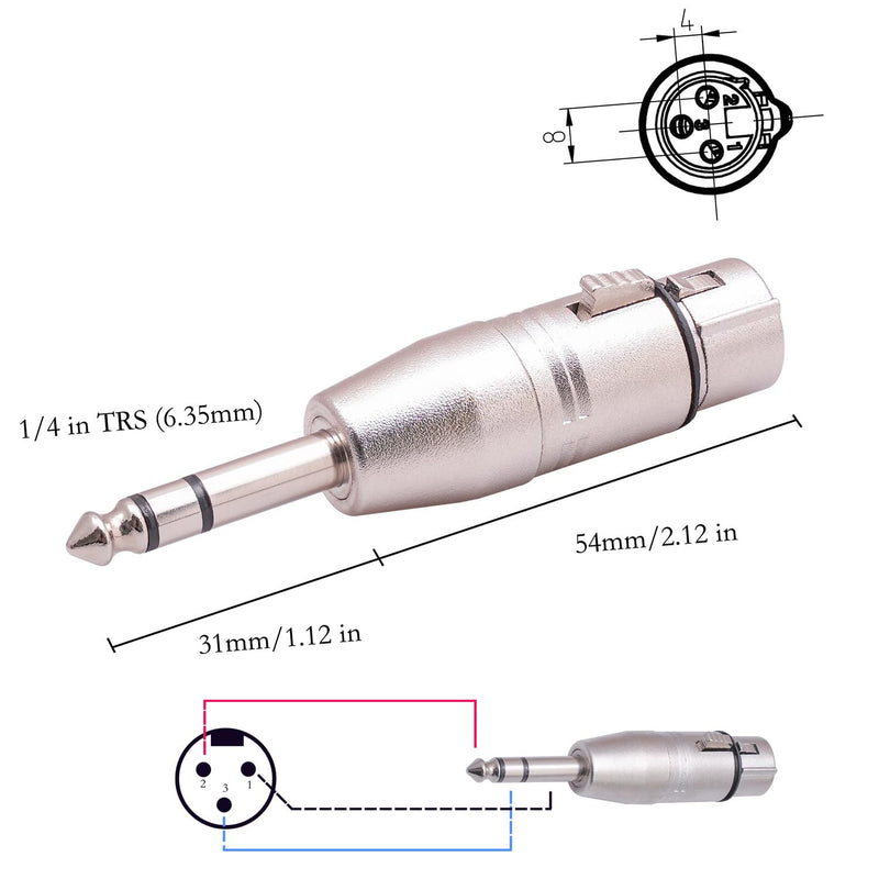 SZLliyxs 2-Pack 6.35mm 1/4 Inch TRS to XLR Adapter Male to Female XLR Female to 1/4 Inch TS Mono Adapter, Unbalanced Female XLR to Quarter Inch 6.35mm Male Adapters 1/4 To XLR Female