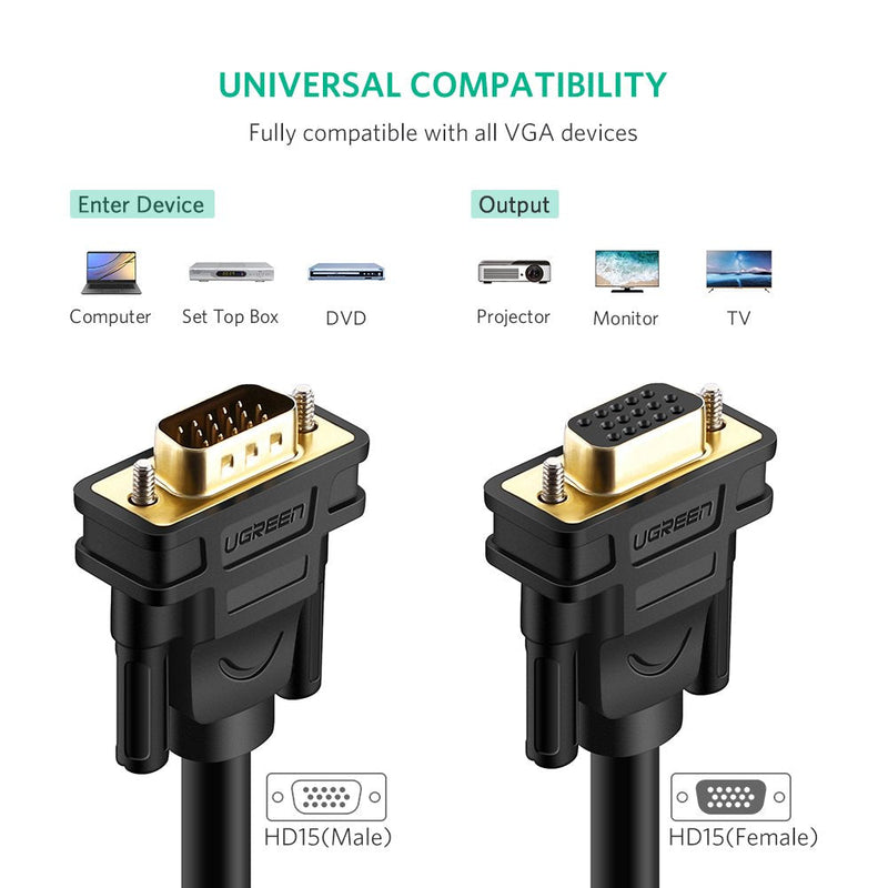 UGREEN VGA Extension Cable SVGA Male to Female HD15 Monitor Video Adapter Cable Support 1080P Full HD for Laptop, PC, Projector, HDTV, Display (10FT) 10FT
