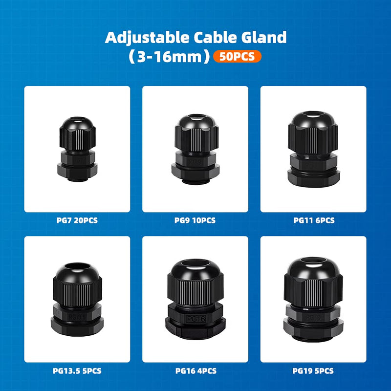 CGELE Cable Gland 50 Pack Plastic Waterproof Adjustable Connector 3-16mm Strain Relief Cord Connectors Joints Nylon with Gaskets PG7 PG9 PG11 PG13.5 PG16 PG19