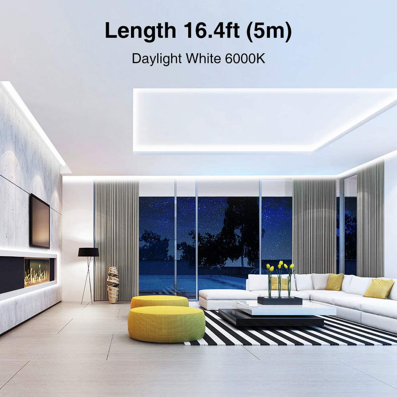 Onforu 16.4ft LED Strip Light, 6000K Daylight White Dimmable Tape Light, 5m 12v Ribbon Light, 2835 LEDs Flexible Vanity Mirror Light for Home, Kitchen, Under Cabinet, Bedroom, Non-Waterproof