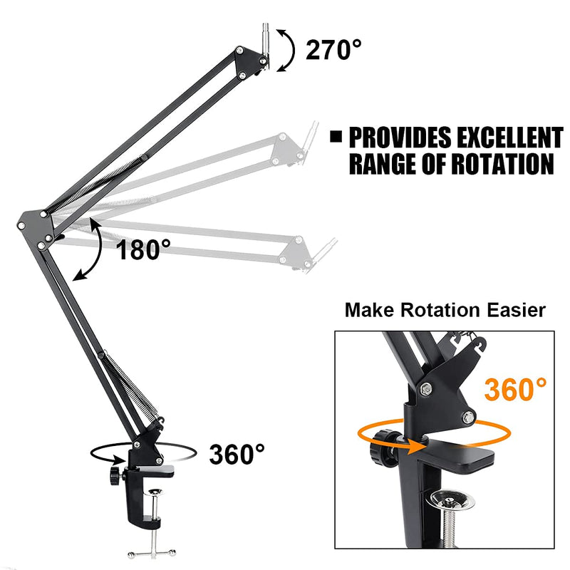 Microphone Arm Stand, Adjustable Suspension Boom Scissor Mic Stand with Pop Filter, 3/8" to 5/8" Adapter, USB LED Ring light, Upgraded Heavy Duty Clamp for Nano Snowball Ice and Other Mics