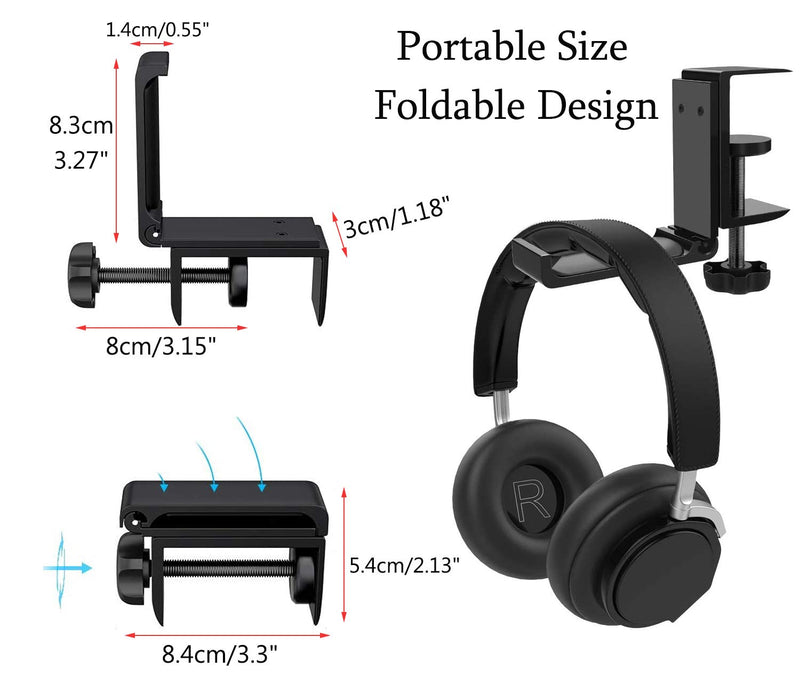 ONEGenug Under Desk Headphone Stand,Foldable Gaming Headset Hanger Mount Universal Aluminum Adjustable Headset Stand Clamp Mount Desk Hook Holder for All Headset Sizes, Bags (Black) Black