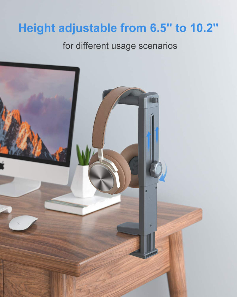 Headphone Stand and Hanger 2 in 1, SUPERONE Headset Hook with Adjustable Height, Wide & Rotating Hook, Cable Clip, Soft clamp Pads, Fit for Desks, Cabinets, Bookshelves and More Gray