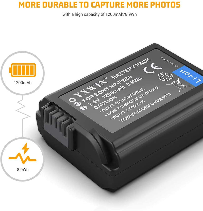 NP-FW50 YXwin Camera Battery Charger Set and Batteries for Sony A6000, A6500, A6300, A7, A7II, A7RII, A7SII, A7S, A7S2, A7R, A7R2, A5100, RX10 Accessories (2-Pack, USB C & Micro USB Ports, 1200mAh)