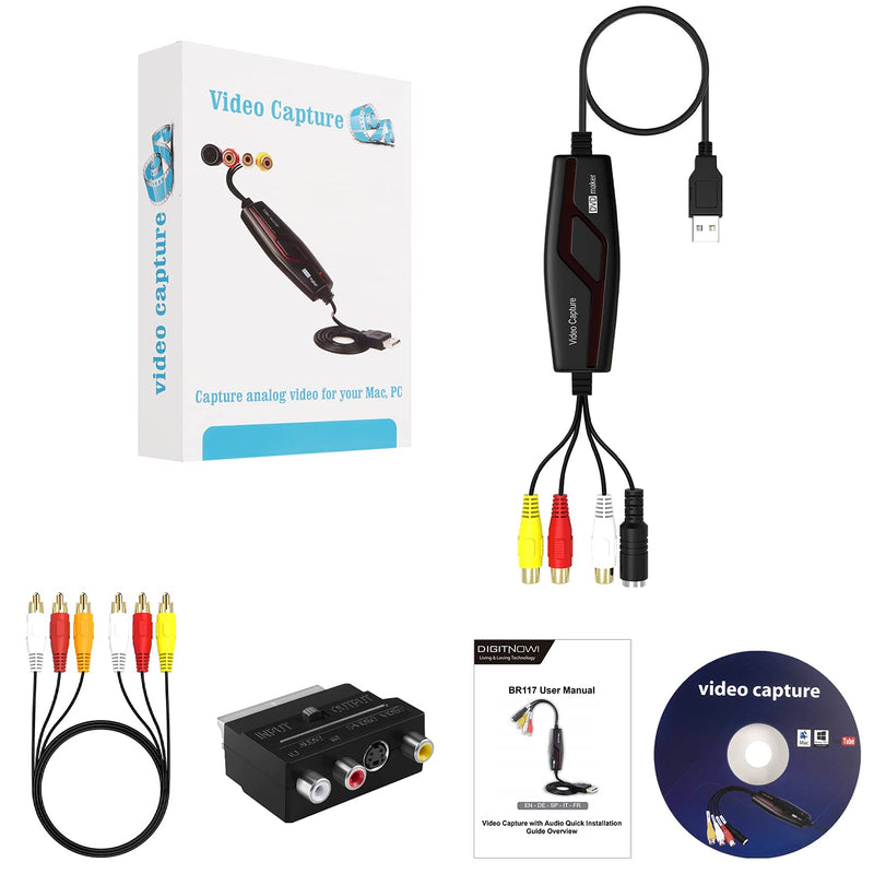 DIGITNOW! Video Capture Card Converts Hi8 VHS to Digital DVD for Windows/Mac, Video Grabber with Scart/AV Adapter