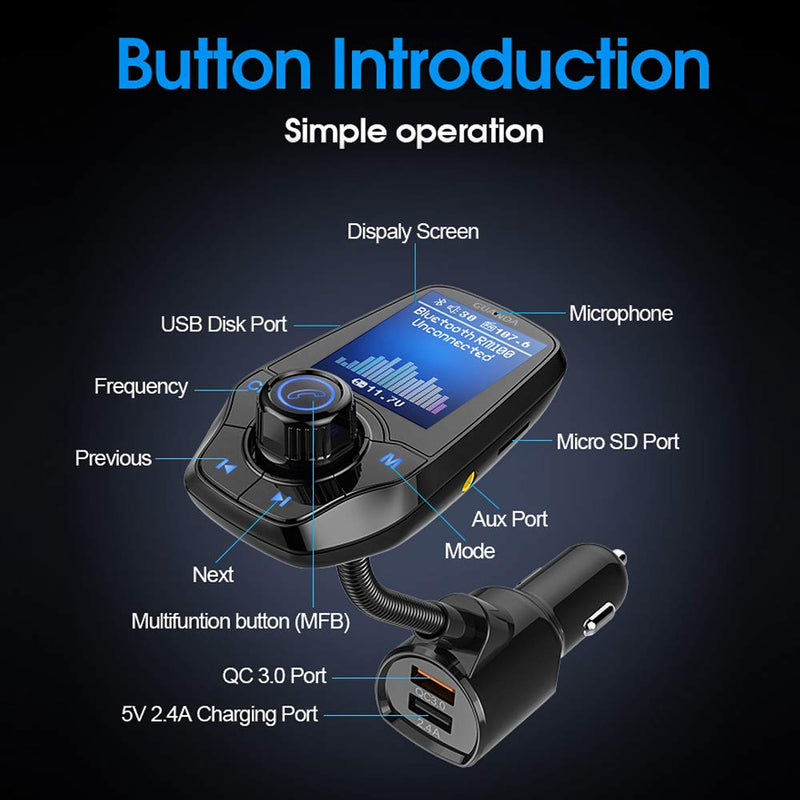 Guanda Bluetooth FM Transmitter for Car, Bluetooth Car Adapter, 4-in-1 Car MP3 Player with 1.8 Inch Color Display, AUX Input/Output, 3 Port USB, S Handsfree Call, SD/TF Card, USB Disk,QC3.0,5 EQ Modes Large Port-USB A Black