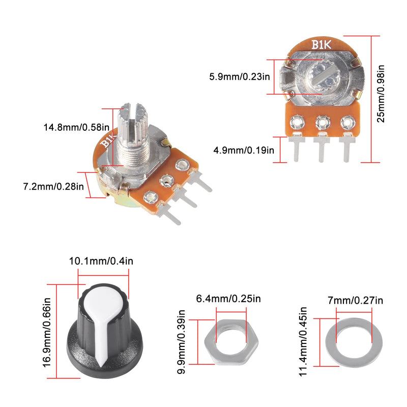 AITIAO 25Sets B1K Ohm Knurled Shaft Linear Rotary Taper Potentiometer WH148 B1K Single-Joint Variable Resistors 15mm Shaft 3Pins 1K Ohm Potentiometer with Nuts, Washers and Knob