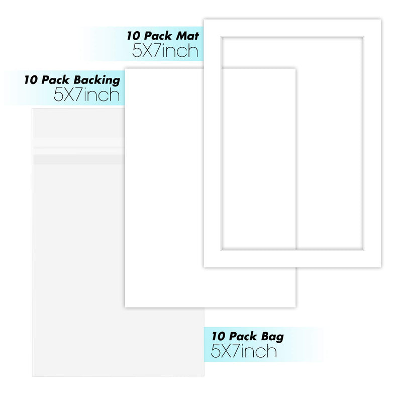 Golden State Art, Pack of 10 White Pre-Cut 5x7 Picture Mat for 4x6 Photo with White Core Bevel Cut Mattes Sets. Includes 10 High Premier Acid Free Bevel Cut Matts & 10 Backing Board & 10 Clear Bags 5" x 7" 10-Pack Complete Set