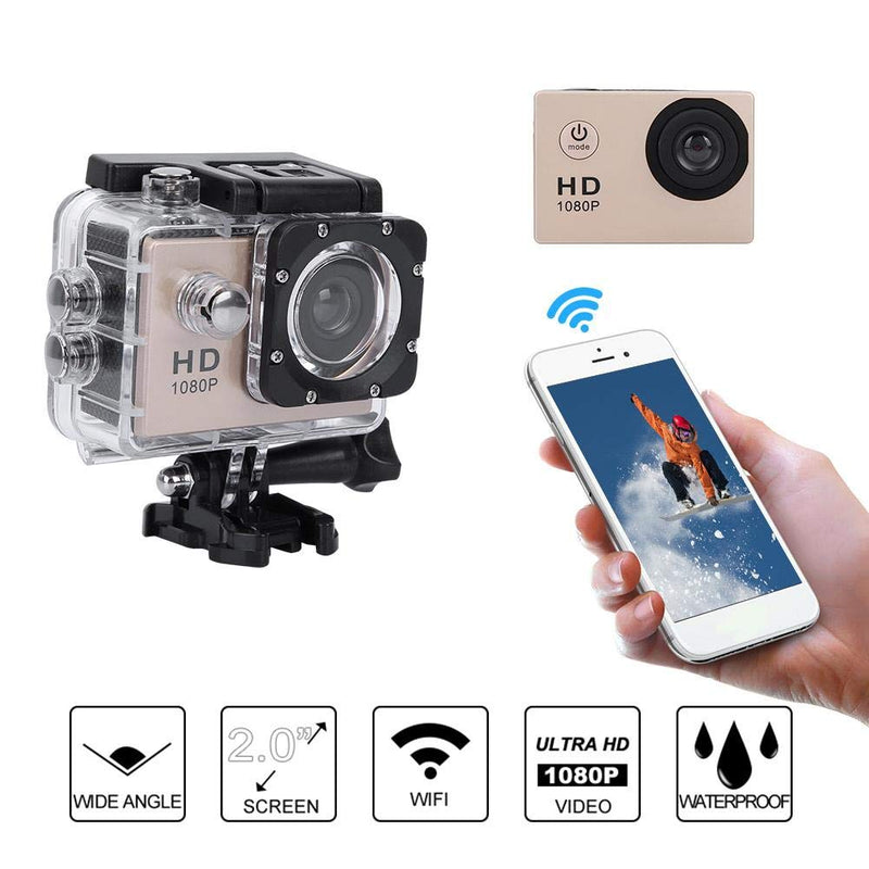 Action Camera, 1080P 30fps 12MP HD WiFi 30M Waterproof Sports Camera 2 Inch Touch Screen with Accessories for Vlogging, Diving, Skiing(Gold) Gold