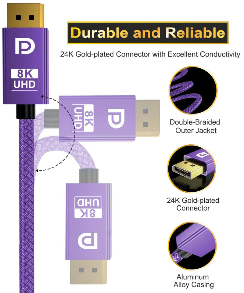 [AUSTRALIA] - Itramax 8K 60Hz DisplayPort Cable 6.6FT (2-Pack),DP 1.4 Male Ultra High Speed Cord for Laptop/PC/TV/Gaming Monitor,Support HBR3 Bandwidth of 32.4Gbps,4K@144Hz,2K@165Hz,1080P@240Hz(DP 1.2 Compatible) Purple 
