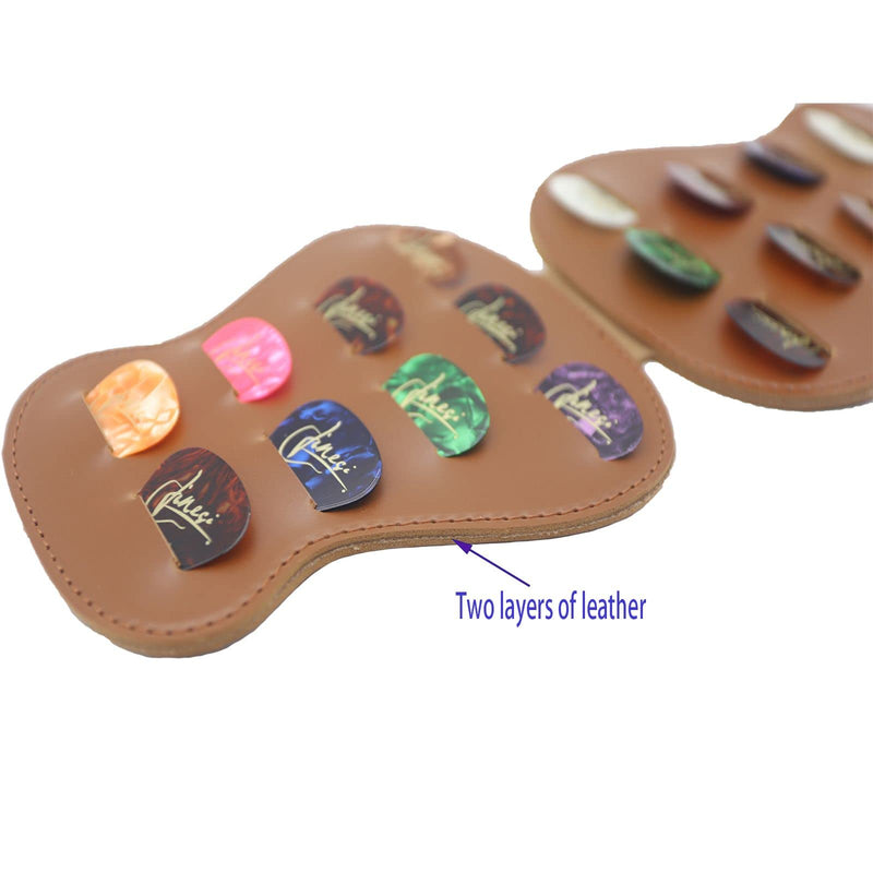 Guitar Shape Picks Holder Case Can Hold 18 Pieces Of Variety Thickness Picks Storage Pouch Box,High-quality Leather Guitar Plectrums Bag,Gift for Guitar Players (Brown)