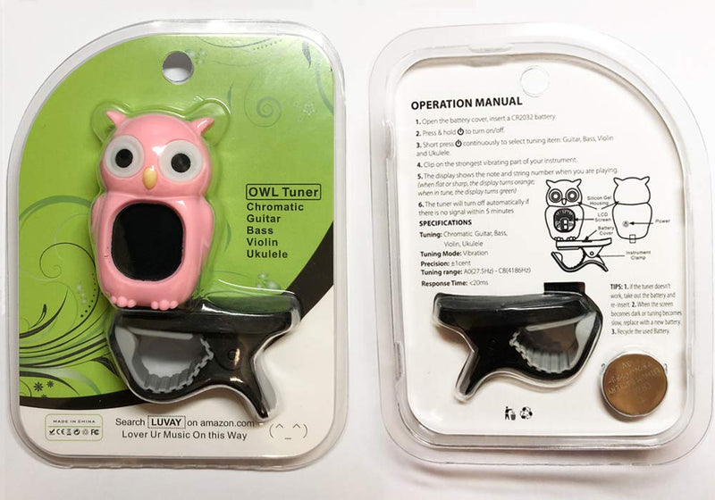 Luvay Clip-On Pink Tuner with Guitar, Bass, Ukulele, Violin, Chromatic Tuning Modes - Cartoon Owl