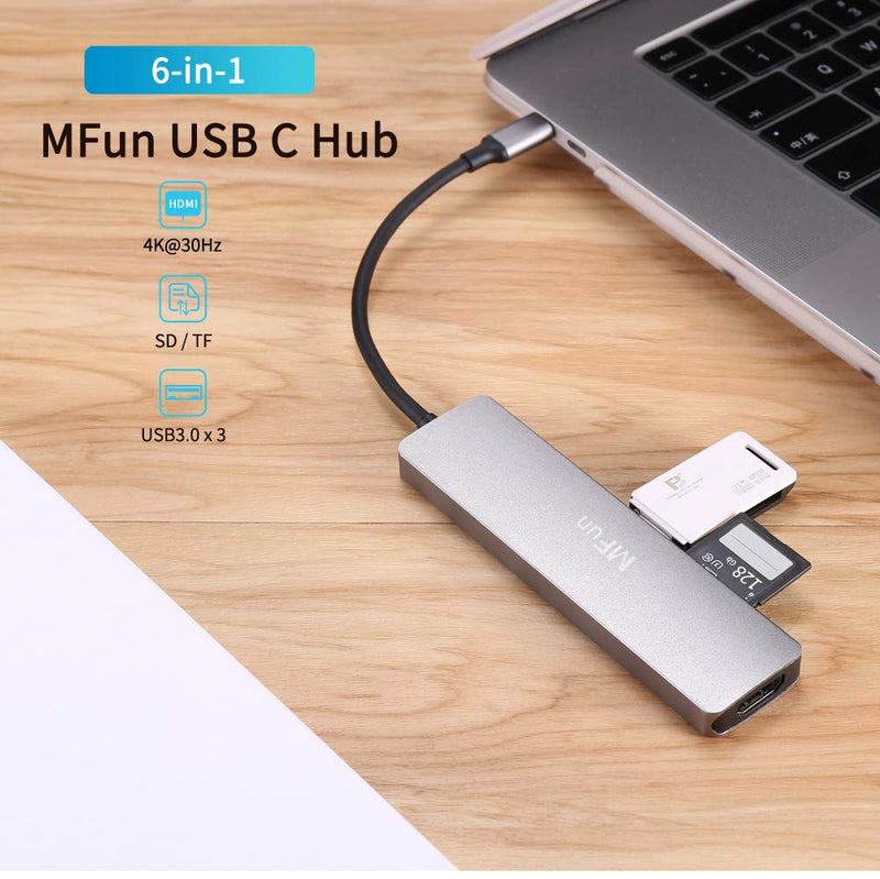 USB C Hub,MFun 6 in 1 USB C to HDMI Adapter with USB 3.0 Port,SD/Micro SD Card Reader,4K HDMI Compatible for MacBook Pro Air USB C Laptops and Other Type C Devices