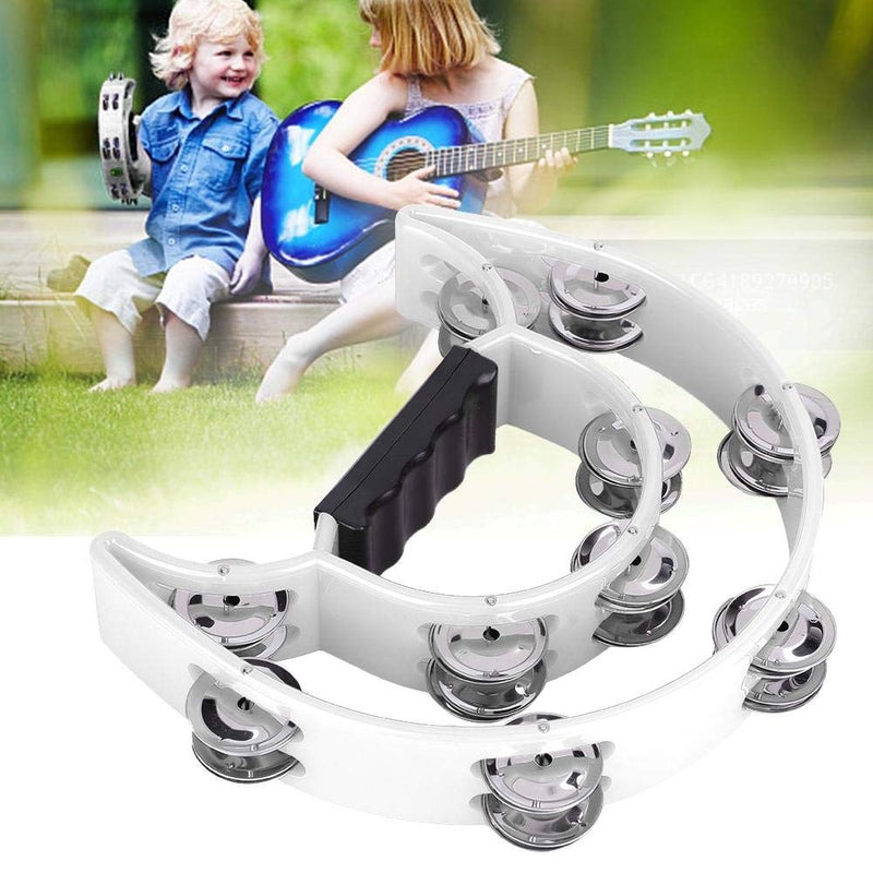 Half Moon Tambourine, Hand Tambourine Double Row Metal Jingles Hand Held Percussion Instrument for Gift KTV Party Kids Toy with Ergonomic Handle Grip White