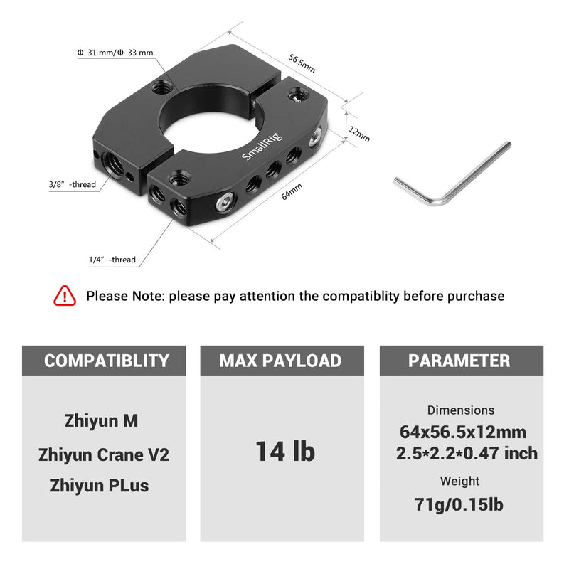 SMALLRIG Mounting Rod Clamp Ring for Zhiyun Crane V2/Crane Plus/Crane M Gimbal with with 1/4" & 3/8" Thread, Payload 14lb - 2170