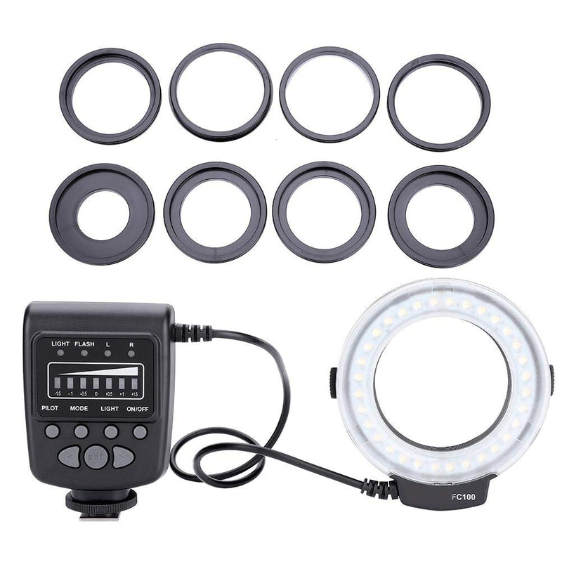 Serounder FC-100 Portable LED Macro Ring Flash 5500K Adjustment Brightness Speedlite Video Camera Fill Light Kit with 8 Adapters Ring and Controller for Canon/Nikon Camera