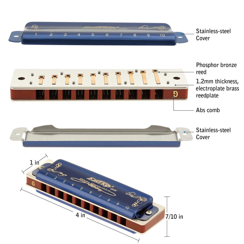 East top Diatonic Harmonica Key of G, Blues Harp Mouth Organ with Blue Case 10 Holes 20 Tones 008K, Standard Harmonicas For Adults, Professionals and Students