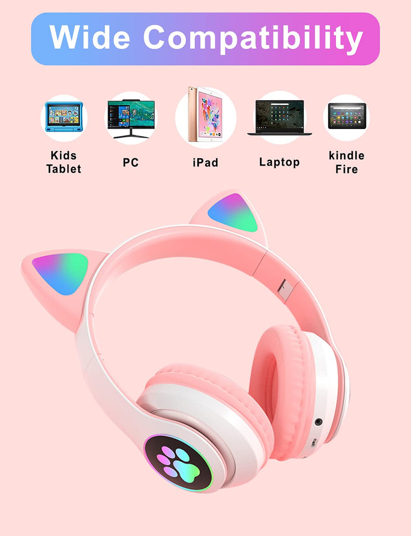 Kids Headphones, TOKANI Bluetooth Wireless Headphones for Kids Teens Adults, Over-Ear Bluetooth Headphones with Microphone, Cat Ear Headphones for Girls Women (Pink)