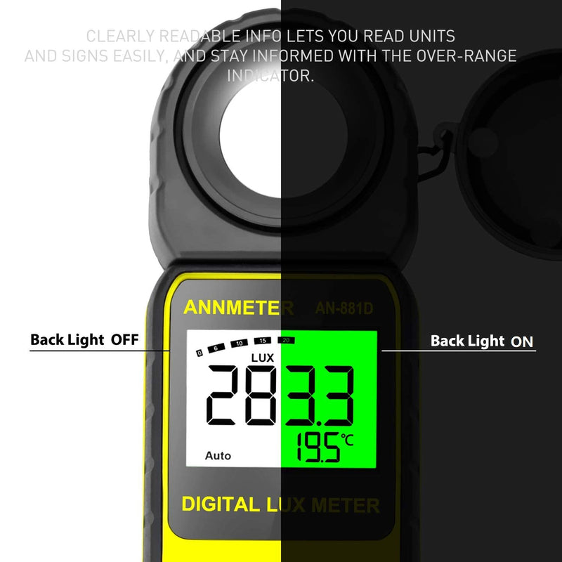 [AUSTRALIA] - ANNMETER AN-881D Digital Illuminance Meter, Lux Meter with 0.01-400,000 Lux (0.01-40,000 FC) Foot Candle Measuring Ranges, Light Meter for Plants, Par Meter with 270°Rotatable Detector AI-881D Illuminance Meter Range 0.1~400,000Lux 