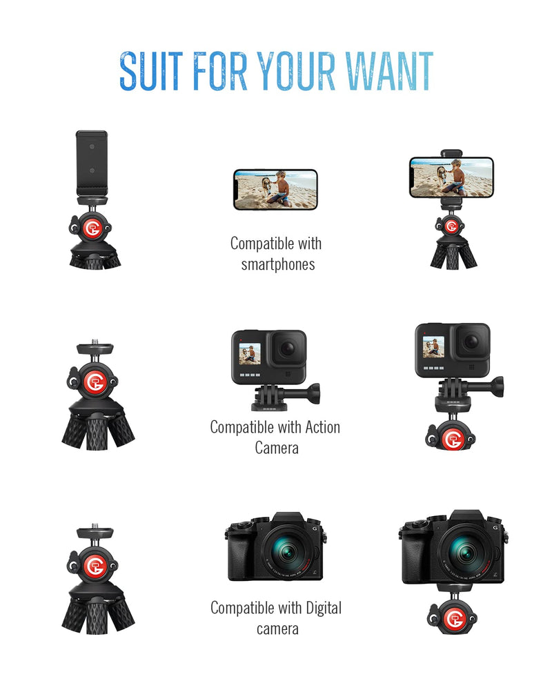 GooFoto Phone Tripod, Flexible Tripod for iPhone, Android Cell Phone and Camera, Portable Small Tripod with 7 Aluminum Cores & Universal Clip for Video Recording/Vlogging/Selfie