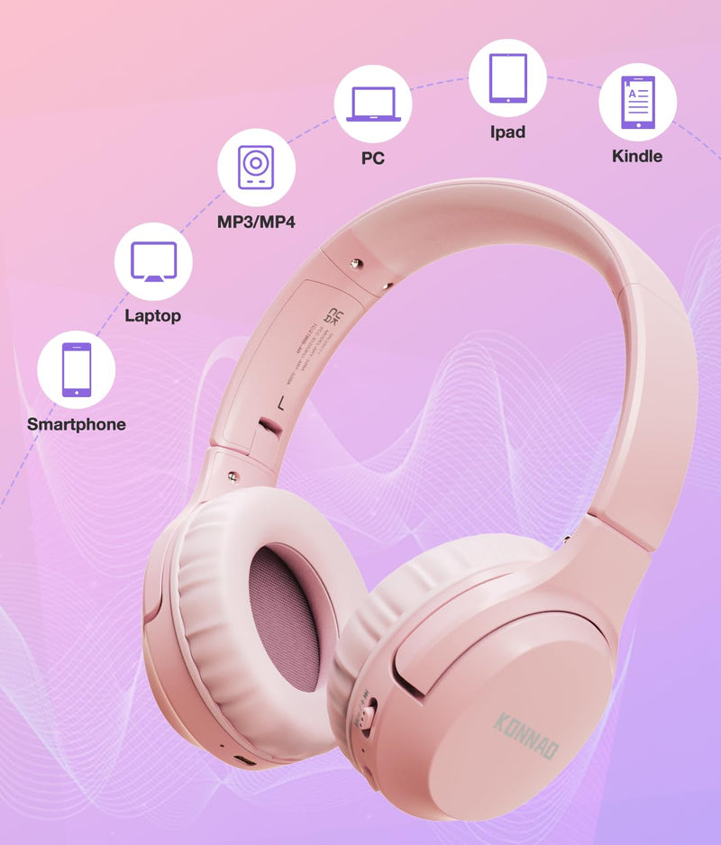 KONNAO Kids Headphones Wireless 60H, Foldable On Ear Headphone with MIC, Volume Limiter 85dB/94dB Wireless & Wired Headphones, Over-Ear Headphones for Kids School Online Classes Travel, Pink Bluetooth