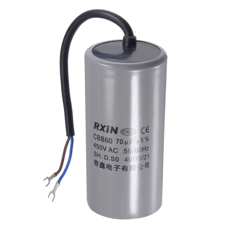 uxcell CBB60 Run Capacitor 70uF 450V AC 2 Wires 50/60Hz Cylinder 123x60mm with Terminal for Air Compressor Water Pump Motor