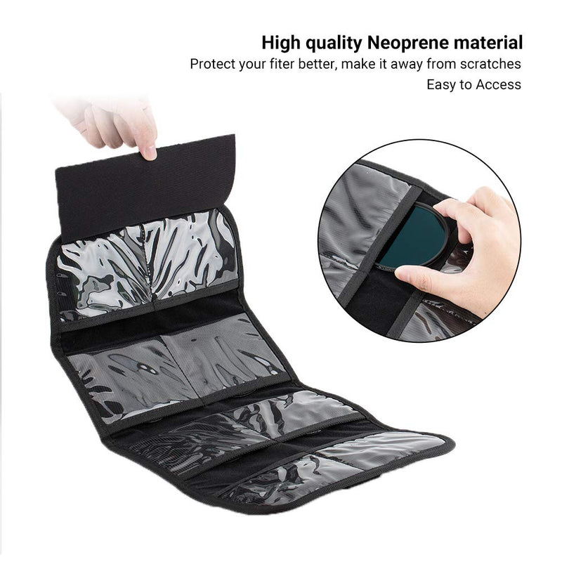 8 Pockets Lens Filter Case Up to 82mm (37mm 40.5mm 43mm 46mm 49mm 52mm 55mm 58mm 62mm 67mm 72mm 77mm) for Round or Square Filters, Belt Loop Design, Folding Camera Filter Pouch Wallet Holder Case