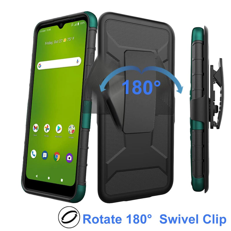 Ailiber Compatible with Cricket Icon 3 Case, AT&T Motivate 2 Case Holster with Screen Protector, Cricket Splendor Swivel Belt Clip Holster with Kickstand, Heavy Duty Full Body Cover for Icon 3-Green Screen Protector & Green