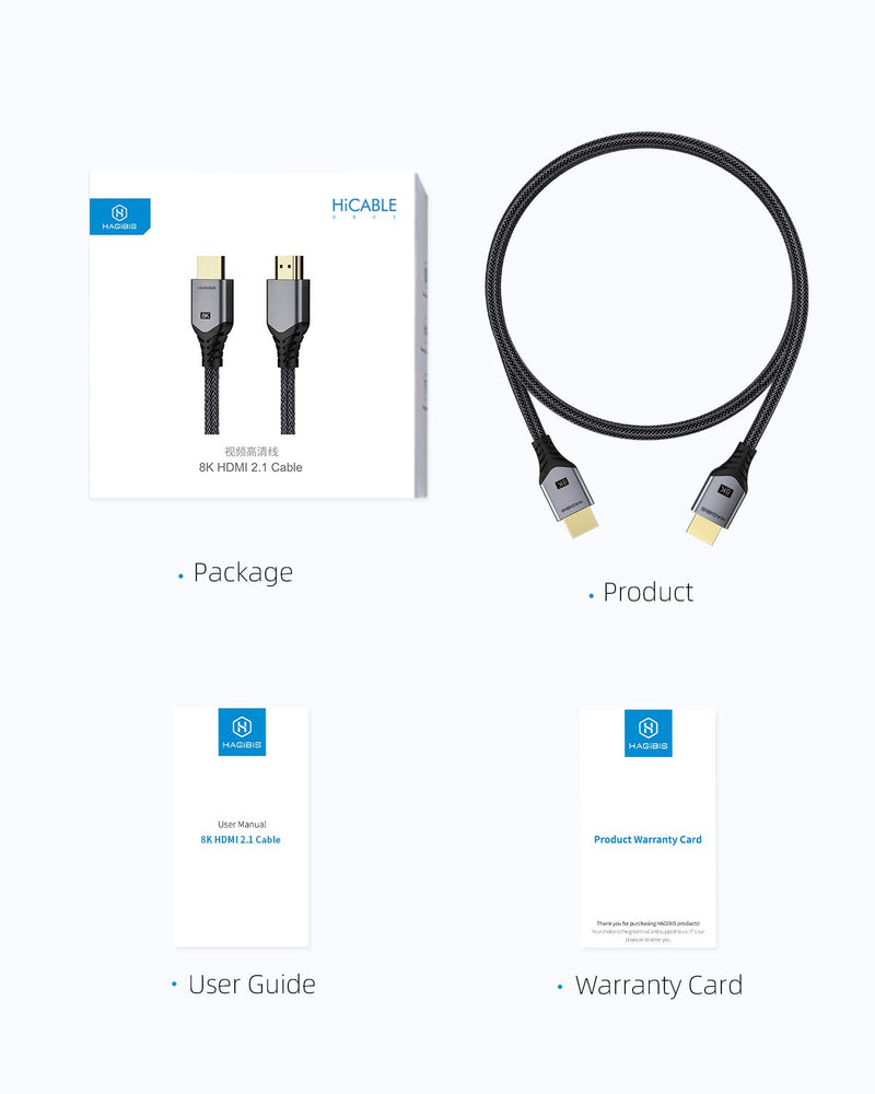 Hagibis HDMI 2.1 Cable 8K Ultra HD 144Hz 48Gbps High Speed HDMI Cable, 8K/60Hz 4K/120Hz Braided HDM Cord eARC HDR10 4:4:4 HDCP 2.2 & 2.3 for Dolby Vision Xbox PS4/5 NS Switch Apple TV 4K (1.5m/4.5ft) 1.5m/4.5ft