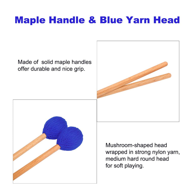 Blue Marimba Mallets Medium Hard Yarn Head Keyboard with Maple Handles for Percussion Marimba Playing, Pack of 2