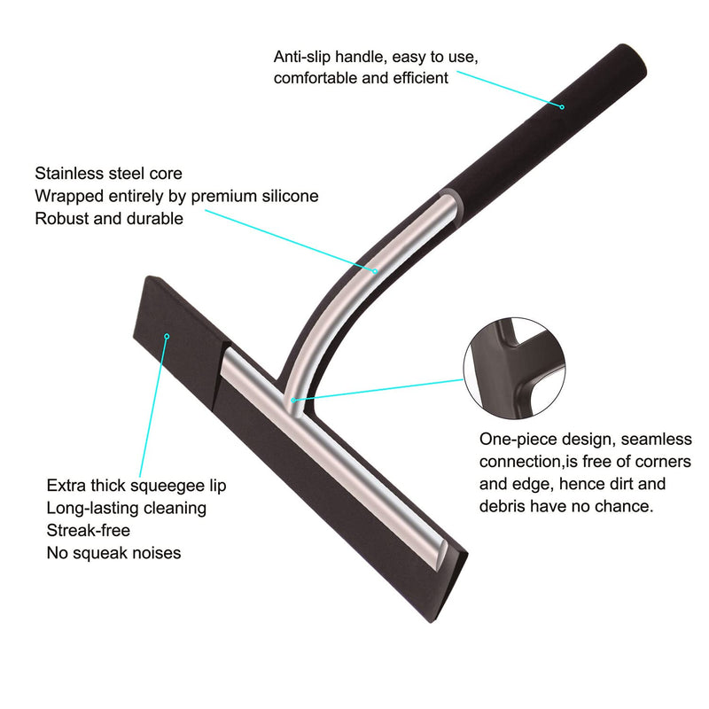 Anlynwooh Shower Squeegee,Matte Black 9-inch,Stainless Steel Core. Streak-Free Cleaning, No Squeak Noises,Silicone Rubber Squeegees for Shower Glass Door, Shower Cleaner,Glass Wiper. Black+1 Hook