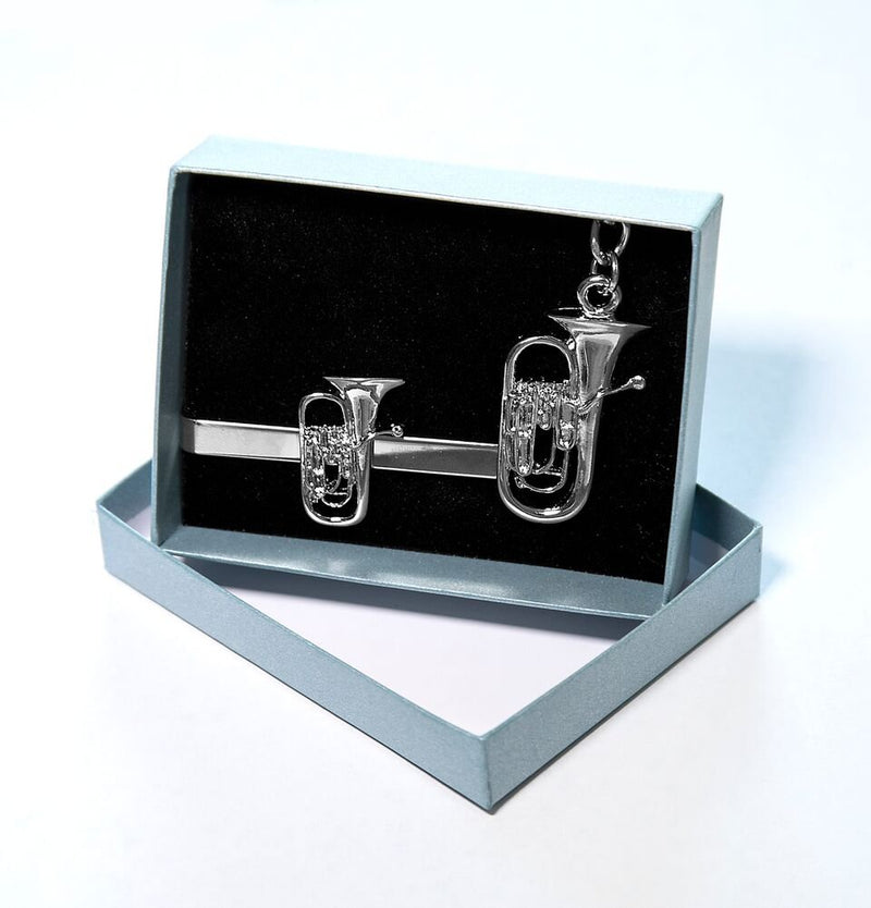 Euphonium Tuba Silver Tie Clip with Matching Keyring. Gift Boxed