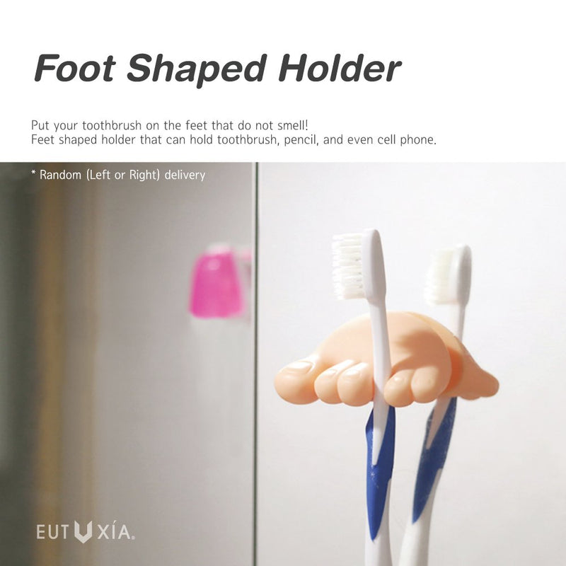 Eutuxia Toothbrush Holder with Suction Cup. Unique Foot Shaped Organizer Holds 2 Items Such as Razors, Pens, Pencils, and Cables. Also Works as Phone Stand to Watch Movies. Easy Wall Mount Setup. 1 PK