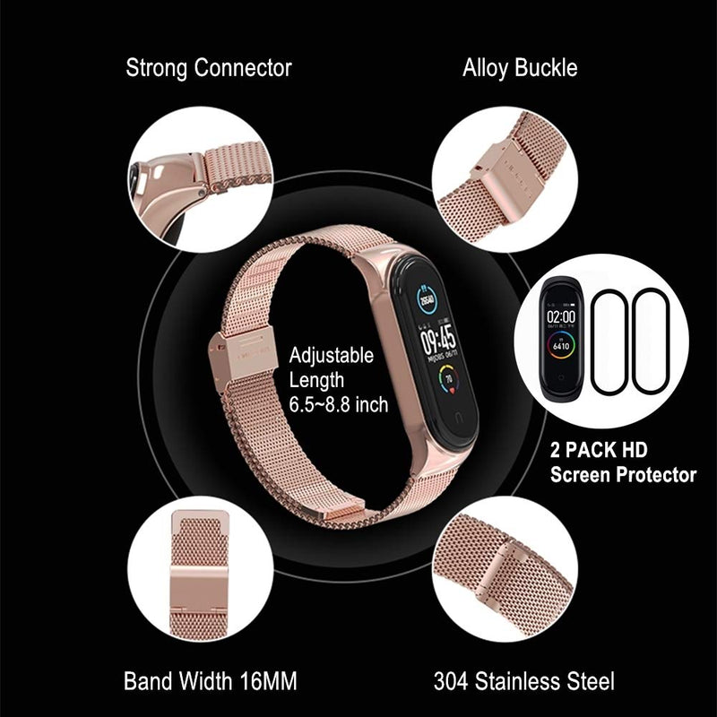 1 Mi Band 5 Strap Metal + 2 Mi Band 5 Screen Protector, 16mm Replacement Band Strap for Xiaomi Mi Band 5 Global Version Smart Bracelet (Rose Gold)