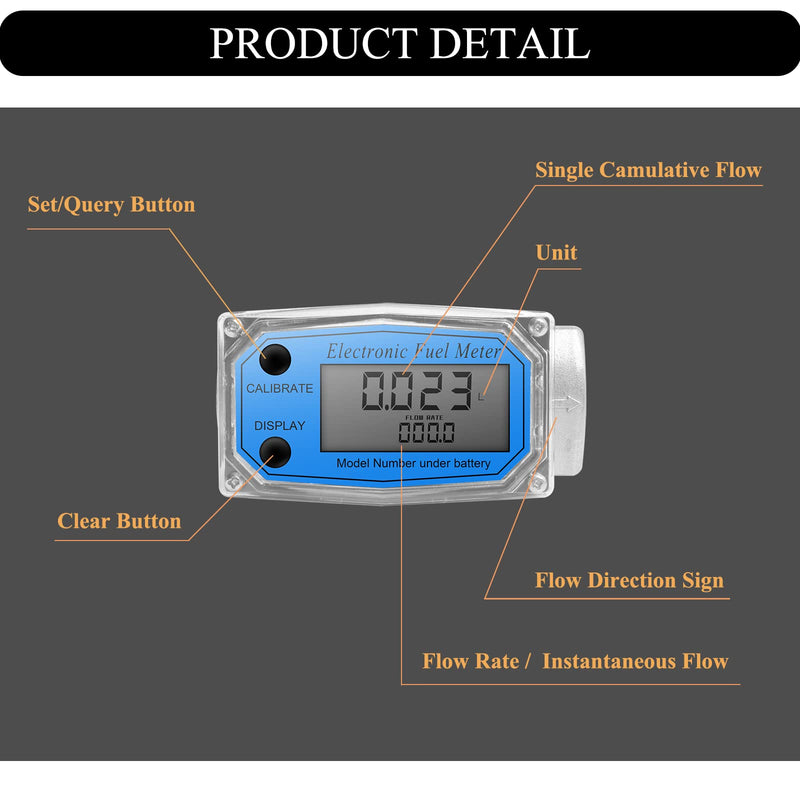 YFIXTOOL 1" Digital Turbine Flow Meter, LCD Digital Display Flowmeter, Gas Oil Fuel Flowmeter for Diesel, Kerosene, Gasoline, Aluminum Stainless Steel. Flow Rate of 10-100LPM(2.6-26GPM). 1inch
