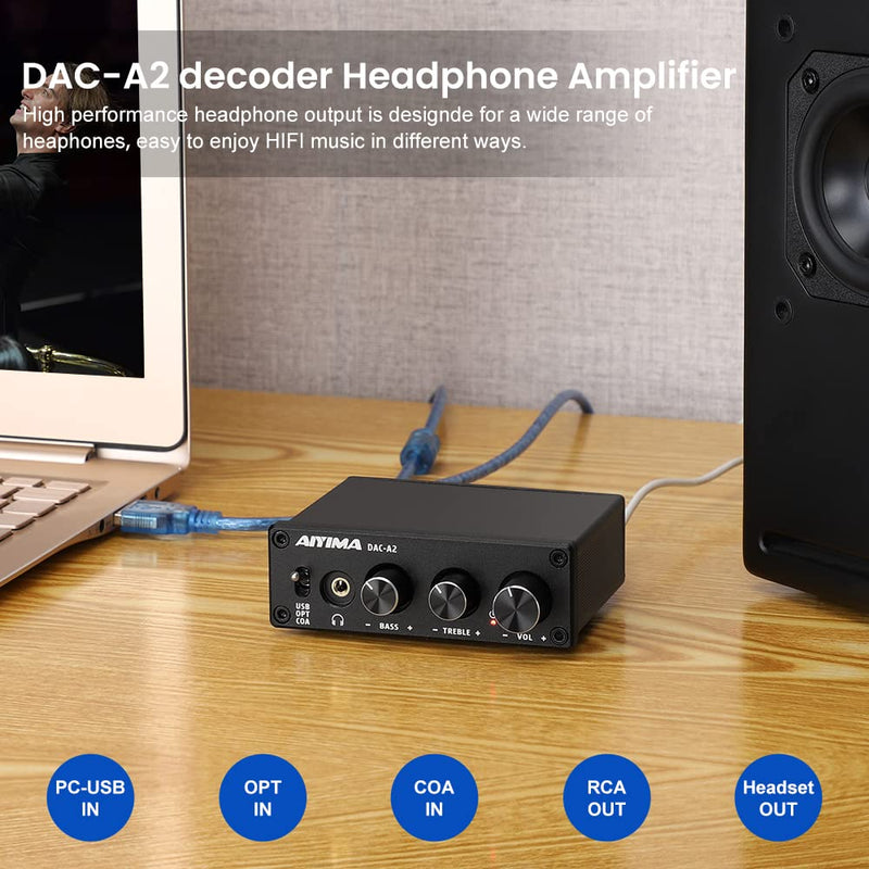 [AUSTRALIA] - AIYIMA DAC-A2 Headphone Amplifier DAC with Bass Treble Controls PC-USB/Optical/Coaxial Inputs, RCA/3.5mm Headphone Ouput Digital to Analog Desktop Audio Converter 5V 24Bit 192kHz Black-DAC 
