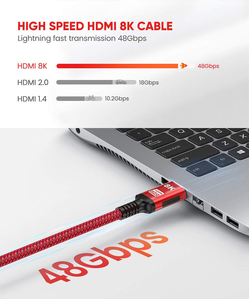 8K HDMI Cable 10 FT, Snowkids 8K HDMI Cable Ultra HD Support High Speed 48Gbps, 8K@60Hz, Dynamic HDR, eARC, HDMI Braided Lead Compatible with 3D TV, Projector 10Feet