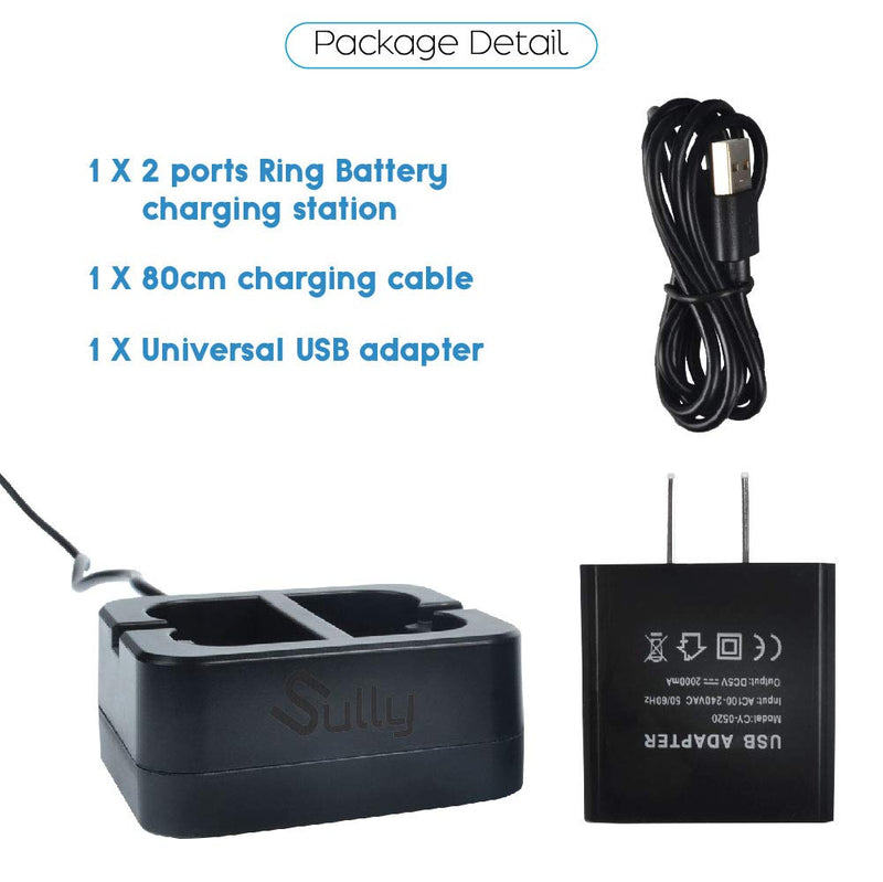 Charging Station for Ring Rechargeable Batteries (Black) - for Video Doorbell 2 Spotlight Cam & Ring Stick Up Cam - Ring Door Bell Batteries Charger - Spotlight Cam Battery Charging Adapter by Sully