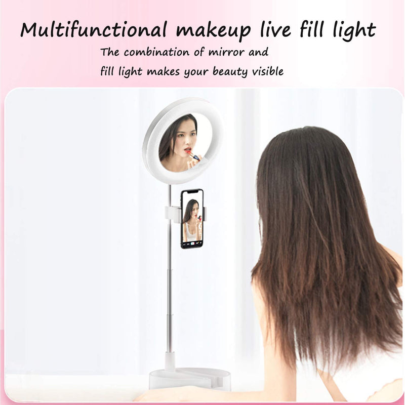 LED Ring Light Foldable Fill Light with Mirror Mobile Phone Holder with 3 Lighting Modes Scalable for YouTube Video/Live Streaming/Make-up/Photography USB Charging(White) White