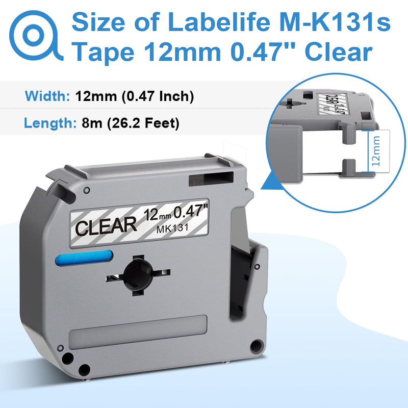 Labelife Compatible M-K131 Clear Tape Replace for Brother P Touch M Tape Clear 12mm 0.47'' M-K131s M131 MK131 Work with Brother Ptouch PT-M95 PT-65 PT-90 PT70BM PT-45 Label Maker Refills,4-Pack Black on Clear