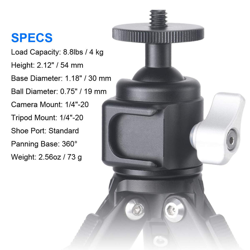 Ball Head with Cold Shoe Mount, 360 Degree Panning Base, 135 Degree Tilt, 1/4" Screw and Cold Shoe Mount, Come with on Camera Hot Shoe Adapter, Idea for Vlog Video Photograhpy