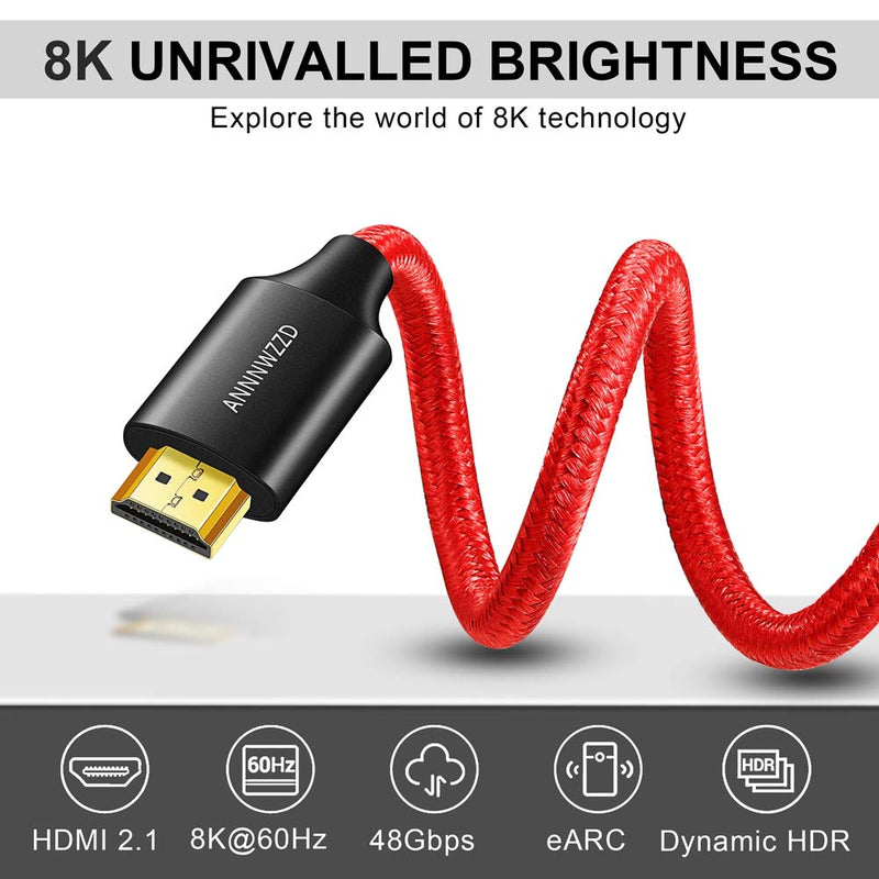 ANNNWZZD 8K HDMI Cable, HDMI 2.1 Cable High Speed 48Gbps 8K@60Hz (7680x4320) 4:4:4 HDR HDCP 2.2 e ARC PS4 Xbox (6ft, RED) 6ft