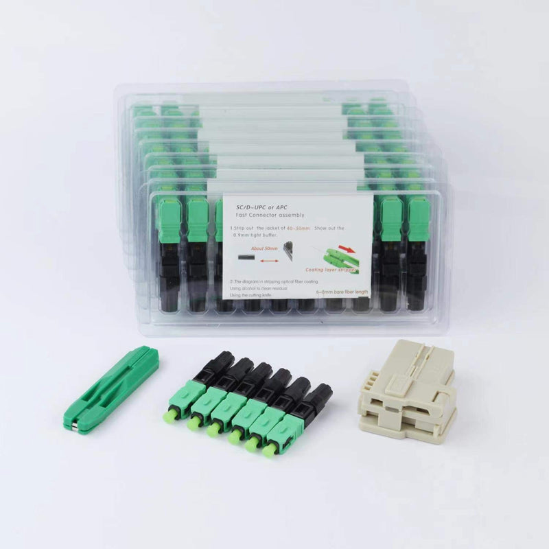 100pcs LEITE SC APC Fiber Optic Quick Connector with Matched Tools Fiber Reusable Connectors Single Mode SM 9/125 Mechanical Fast Connectors Adapter for FTTH CATV Network Instrument APC,green