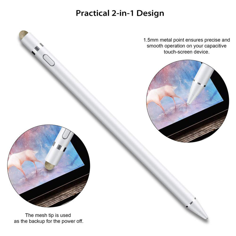 Active Stylus Pen Compatible with Apple iPad, Homagical 1.5mm Fine Point Digital Stylus Pen, Rechargeable Capacitive Digital Stylus for Touch Screen Devices (Glove &Pen Bag Included) White