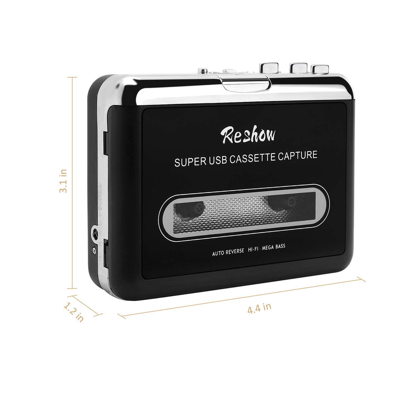 Reshow Cassette Player – Portable Tape Player Captures MP3 Audio Music via USB – Compatible with Laptops and Personal Computers – Convert Walkman Tape Cassettes to Mp3 Format Black