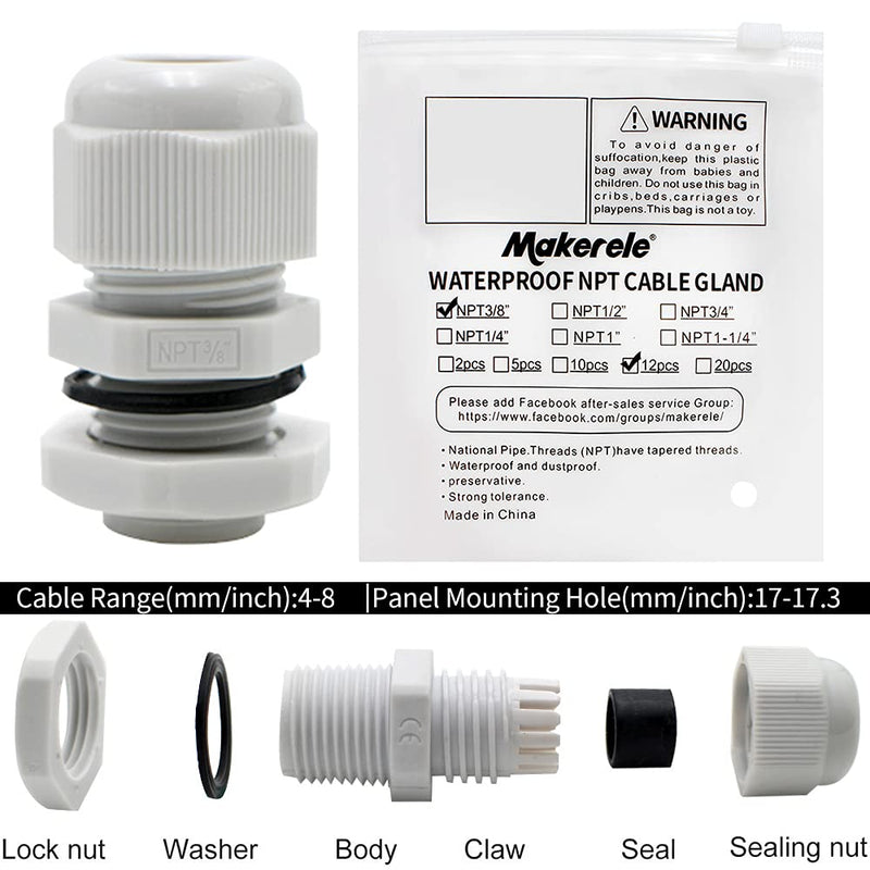 MAKERELE NPT 3/8” Grey Nylon Cable Glands, IP68 Waterproof Strain Relief Cord Connector NPT 3/8" 12PCS