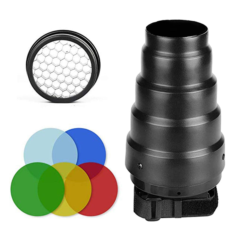 Soonpho Conical Snoot Kit for Speedlite Flash Accessories,Aluminium Alloy Snoot with Honeycomb Grid & 5pcs Color Gel Filters