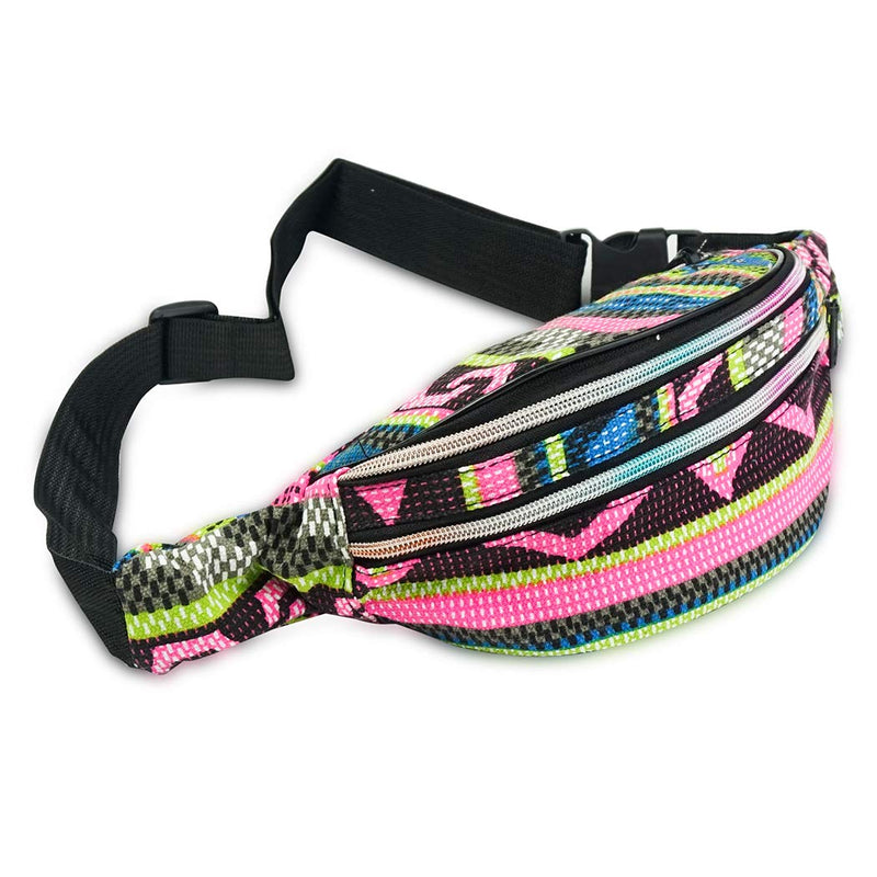 Face1st 3 Zippered Bohemian Fanny Pack Multi Strip Pattern Festival Bum Bags Lightweight Retro Travel Hiking Waist Bag (Bohemian Pink Green)