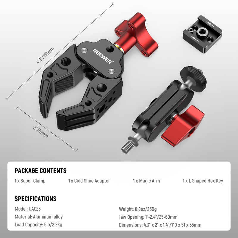 NEEWER Super Clamp with Dual Ballhead Magic Arm, Cold Shoe Mount, 1/4" 3/8" Threads Compatible with SmallRig Accessories, Light Clamp Camera Clamp Max Load 2.2kg Compatible with GoPro Insta360, UA023